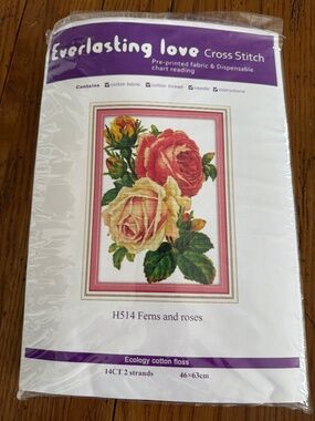 Roses Yellow Red Everlasting Love Cross Stitch Kit 14 Ct Aida - Pre-Printed